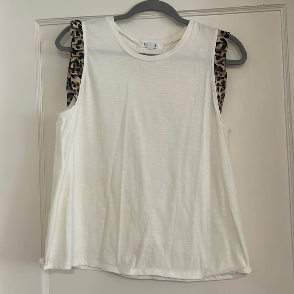 T H M L tank top white with leopard ruffles on arms